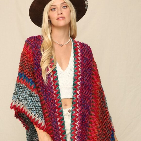 New Bohemian Knit Tasseled Poncho Cardigan Sweater Hippie Top Vintage NWT - Picture 6 of 8